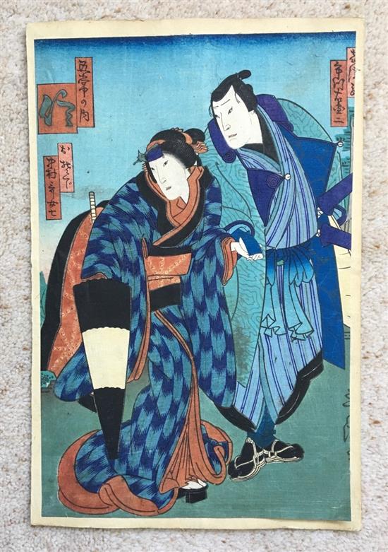 Four Japanese woodblock prints of figures by Suntei, Kunisada, Toyokuni, etc., largest 36 x 26cm, unframed, Ex Joe Hloucha collection